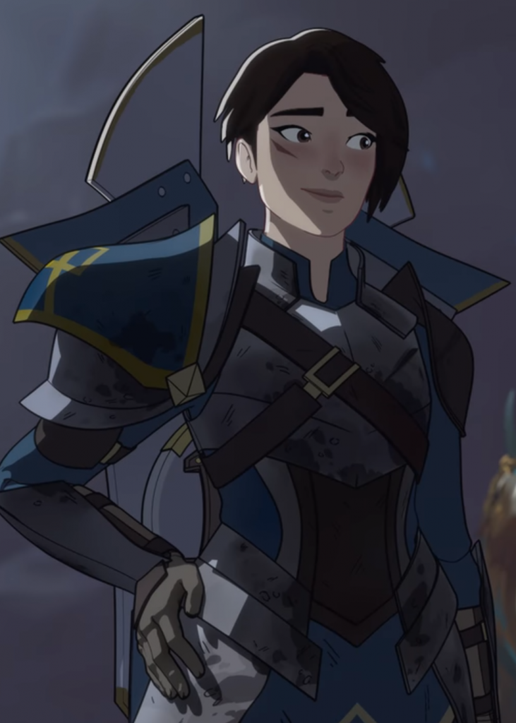 An animation of a woman with a scar under her right eye standing with a hand on her hip in armor with a sword attached to her back.