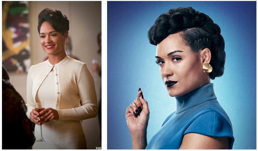 Photo 1: A black woman stands in a white dress smiling, holding a wine glass. Photo 2: A black woman with black lipstick in a blue dress stares into the camera with her right hand about to snap.