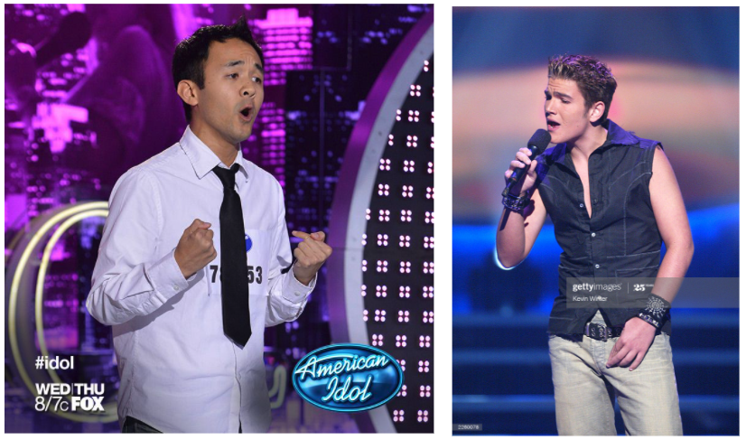 Photo 1: An asian man in a white button up shirt and black tie stands with hands balled up singing. Photo 2: A white man in an unbutton navy blue vest sings into a microphone.