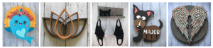 [Image description: five images are shown in a row, featuring various wood products. The first photo is of a bright blue and yellow narwhal wall-hanging that reads “Soleil Maya”; the second is a a lotus flower wall-hanging in various wood tones. Third is a small wall shelf with hooks with face masks hanging on the underside. The upper part features a black cat and the phrase, “Ew, Covid”. The fourth image is a painted wooden wall hanging of a dog, with hooks for hanging leashes with the name “MAJOR” printed on his body in white.. The final image is a circular wall-hanging with a pair of wooden angel’s wings in the shape of a heart. In the background to the right or the wings the word “Angel” is carved in red.]