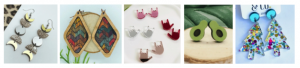[Image description: five photos in a row depict various style of earrings. The first image, shows a pair of earrings in various metal tones, crescent, half, and full moon shapes. The second image includes a pair of wooden earrings cut in a diamond shape, the center of the diamond features a layered rainbow pattern. The third image, at center, depicts four pairs of ILY-handshape earrings in various colors. The fourth image includes a pair of green avocado stud earrings. The fifth image contains a pair of acrylic glittery christmas tree shaped earrings that dangle from small blue circles.]