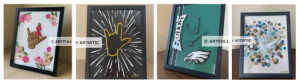 [Image Description: 4 images of artwork are in a horizontal row. The image to the farthest left is the ILY sign surrounded by pink flowers. The image next to that is a yellow outline of the ILY with white lines surrounding it. To the right of that is a dark green ILY sign on top of the Philadelphia Eagles mascot and the word “EAGLES '' to the left of it. The last photo on the right is the ILY sign surrounded by multicolored dots.]