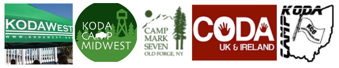 [Image Description: Five photos of various logos for KODA camps, including KodaWest, Koda Camp Midwest, Camp Mark Seven, CODA UK and Ireland, and Koda Camp Ohio.]