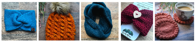 [Image Description: A row of 5 images are shown. The first on the left is a light blue headband. The next one over is a burnt orange knitted hat with a pom on top. To the right of that is a dark blue headband and then a maroon headband with a heart pin. The last photo is 3 pink knitted coasters and a mug with coffee on top of one.]