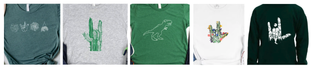 [Image description: 5 photos of different t-shirt design are lined up next to eachother. The first one is a green shirt with 4 images in a row (monstera plant leaf, an ILY hand shape, a succulent, and hanging plant) outlined in white ink. The next image is a green drawing of an ILY in the shape of a cactus on a grey shirt. The third image is a white outline of a T-Rex wearing a hearing aid on a green shirt. The next shirt is white with an ILY sign wrapped in christmas lights. Finally the last image is of a dark green sweatshirt with an ILY sign surrounded by pine trees. Behind the ILY sign is a moon.]